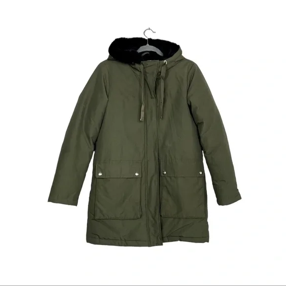 Zara Olive Green Puffer Parka Coat Faux Fur Hoodie Small - Picture 6 of 6